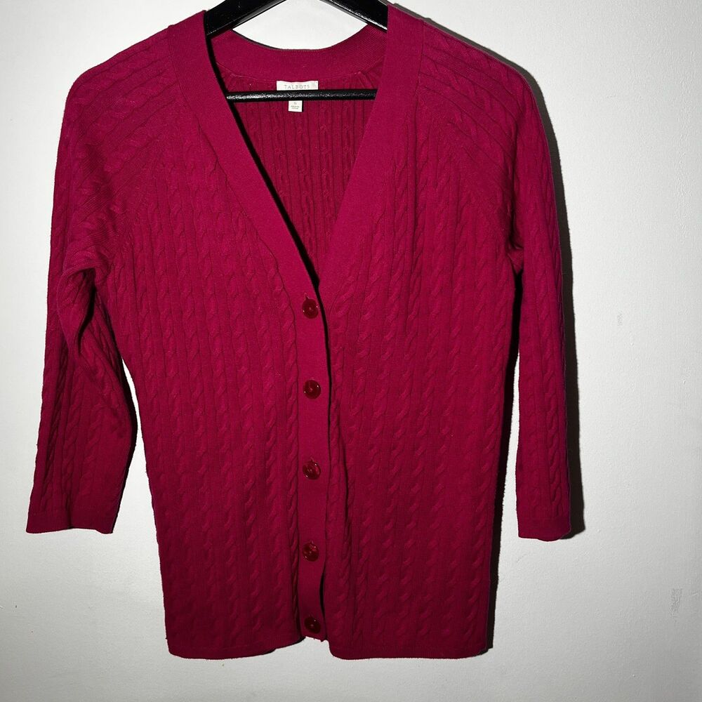 Talbots Fuchsia pink Cable-Knit Cardigan Sweater 100% Cotton Size S 3/4 Sleeve